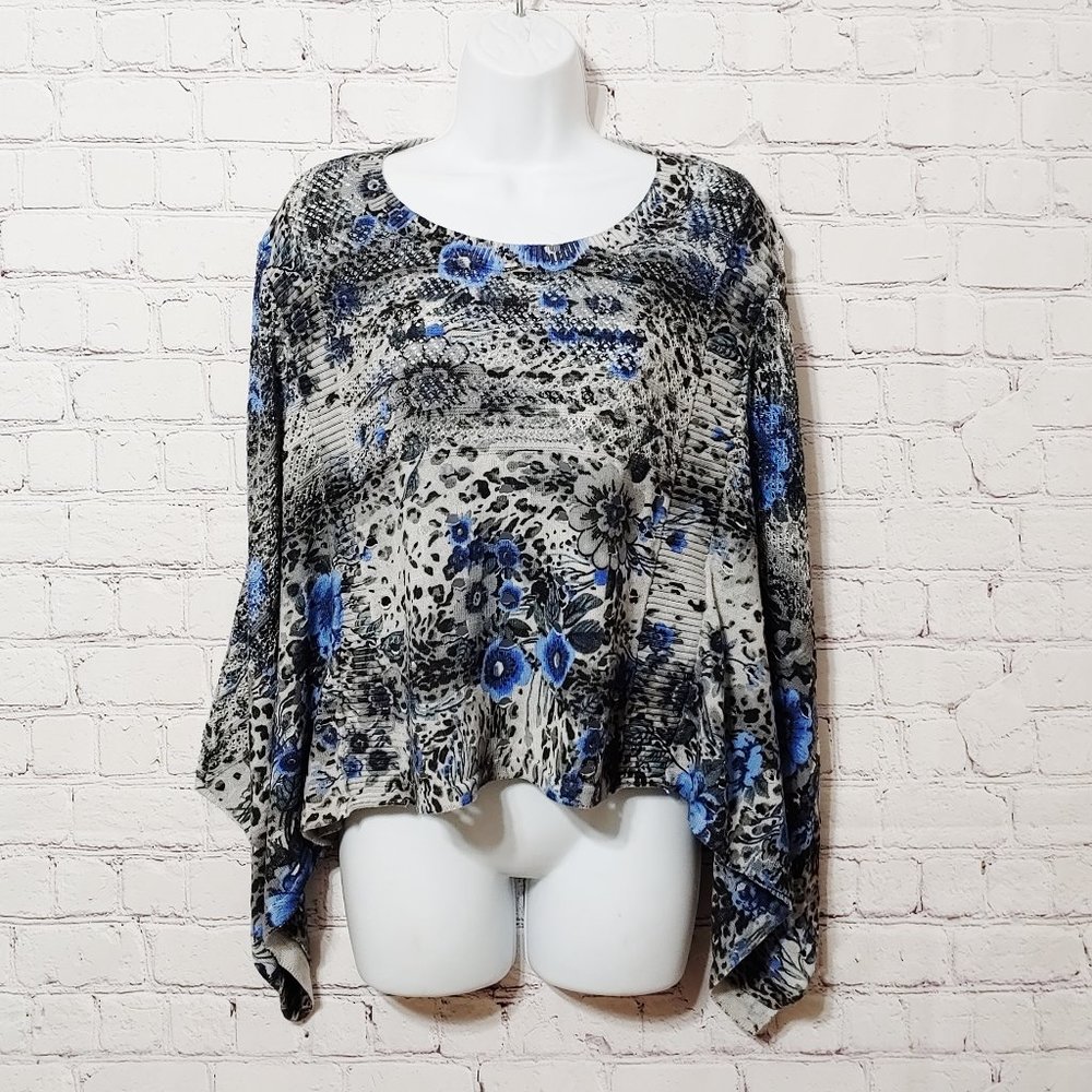 Alberto Makali Mixed Print Crew Neck Poncho Sweater Top ~ Small